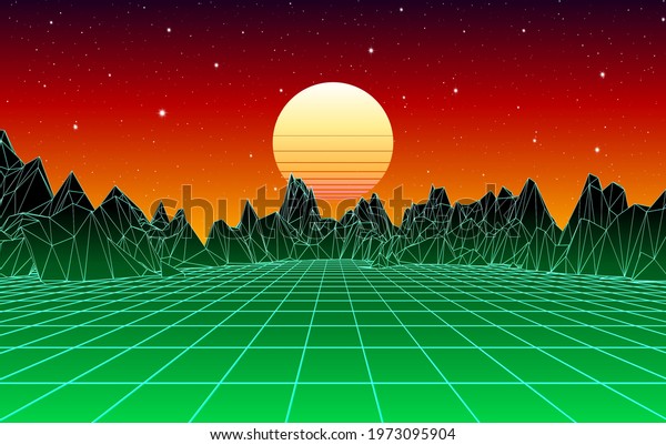 Neon grid mountain landscape and yellow sun with\
old 80s arcade game style for New Retro Wave party poster or 80s\
revival music album\
cover.
