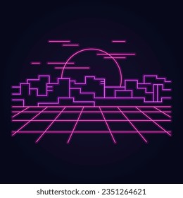 Neon grid road in 80s retro vaporwave style. Outline city sunset view background.