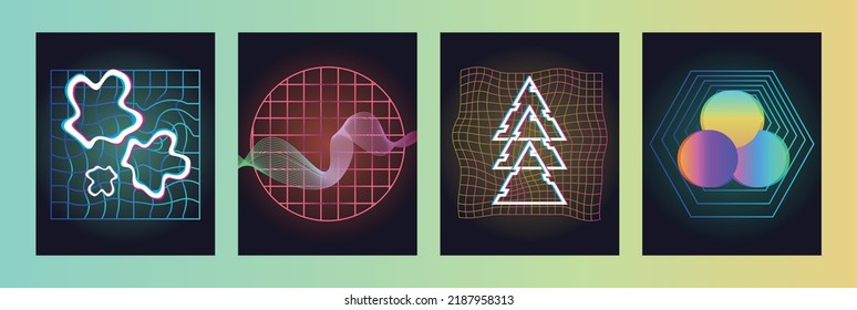Neon grid set. Collection of stylish posters or banners for websites. Futuristic covers with various abstract figures and shapes. Cartoon flat vector illustrations isolated on white background