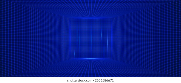 Neongitter virtueller Raum mit Boden in Perspektive, Neonblaues Horizont Cyberpunk-Raum Hintergrund, Vektorgrafik.