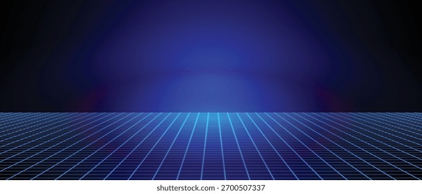 Neon grid virtual room with floor in perspective, Neon blue horizon cyberpunk room background, Vector illustration.