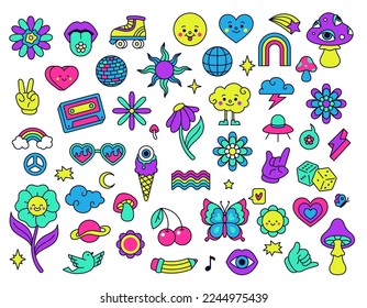 Neon groovy elements cherry flowers and ice cream. Vector smile and flower, hippie and groovy psychedelic illustration design