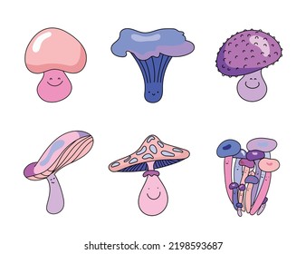 Neon groovy magic poison mushrooms, toadstool and amanita. Cartoon trippy bright mushroom. Cute fabulous smiling mushrooms. Flat surreal magic hippie fungus vector set