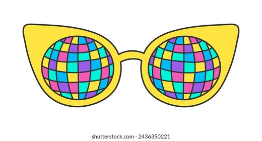 Gafas de sol de neón sobre fondo blanco, accesorio hippie vintage. Marco de ojo de gato, patrón de bola de discoteca en vidrio. Pegatina retro, elemento de garabato vector nostálgico en estilo de los años 70.