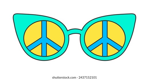 Neon groovy sunglasses on a white background, vintage hippie accessory. Cat eye frame, peace sign pattern on glass. Retro sticker, nostalgic vector doodle element in 70s style.