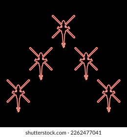 Neon group of combat helicopters military concept chopper in air army red color vector illustration image flat style light