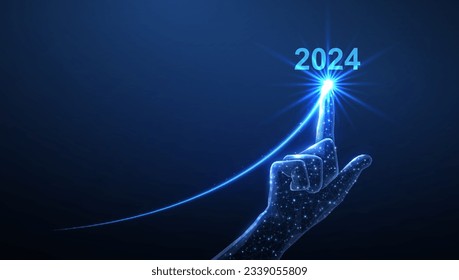 Línea de crecimiento neón 2023 con mano táctil poligonal sobre fondo azul. Gran diseño para cualquier propósito. Crecimiento de año nuevo, éxito empresarial, tecnología digital, concepto de tecnología financiera