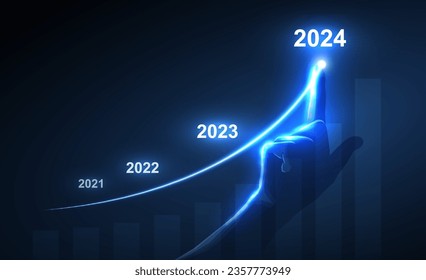 Línea de crecimiento neón 2024 con mano táctil poligonal sobre fondo azul. Gran diseño para cualquier propósito. Crecimiento de año nuevo, éxito empresarial, tecnología digital, concepto de tecnología financiera