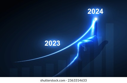 Neon growth 2024 line with polygonal touch hand on blue background. Great design for any purposes. New year growth, business success, digital tech, financial technology concept