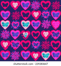 Neon grunge hearts pattern.