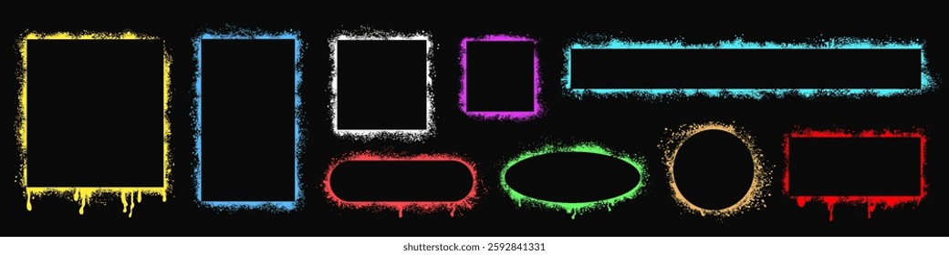 Neon grunge spray border frame set, grunge rectangles and circles shapes stencils with spray of splashes and streaks of paint