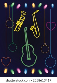 Neon guitar and big drum with festive balls and lamps