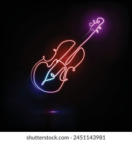 Arte de línea de guitarra de neón. Guitarra de dibujo continuo de una línea. Instrumento musical aislado sobre un fondo de ladrillo. Concepto musical. Ilustración vectorial. Banda De Música Escolar Glowing Icon. Instrumentos musicales. 