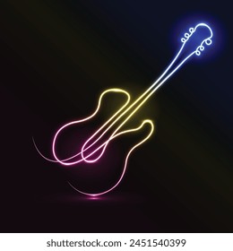 Neon guitar line art. Guitar continuous one line drawing. Musical instrument isolated on a brick background. Music concept. Vector illustration. School Music Band Glowing Icon. Musical instruments.