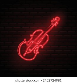 Neon guitar line art. Guitar continuous one line drawing. Musical instrument isolated on a brick background. Music concept. Vector illustration. School Music Band Glowing Icon. Musical instruments. 
