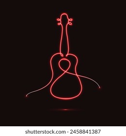 Neon guitar line art. Guitar continuous one line drawing. Musical instrument isolated on a black background. Music concept. Vector illustration. School Music Band Glowing Icon. Musical instruments.
