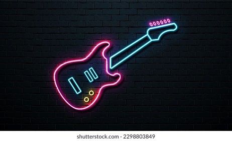 Neon guitar on the background of a brick wall. Retro signboard.