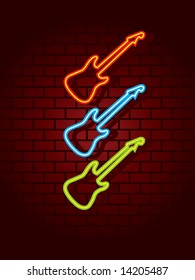 Neon guitars against wall