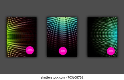 Neon halftone abstract flyer design set, vector illustration. Glowing futuristic pattern, black cover, disco club invitation concept.