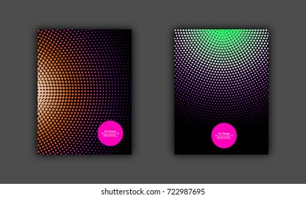 Neon halftone abstract flyer design set of two, vector illustration. Glowing futuristic pattern, black cover, disco club invitation concept.