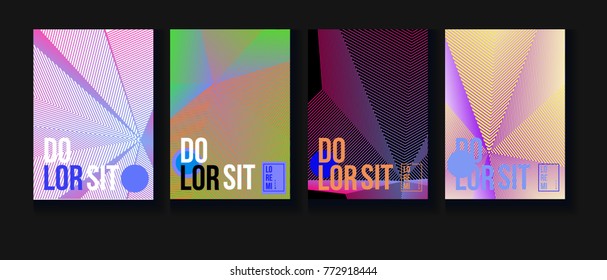 Neon Halftone Covers Set. Trendy Blend Lines Corporate Identity. Futuristic Pattern, Abstract Business Backgrounds. Trendy Neon Halftone Covers Set. Vector Iridescent Science Poster Design.