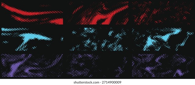 Neon halftone ponto onda fundo coleção.Moderno meio-tom ponto textura fundo para tecnologia e cartaz cibernético, jogos e esportes es, quadrinhos, fundo de arte digital etc.
