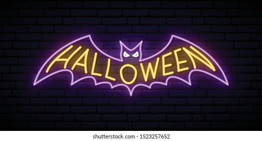 Neon Halloween Bat sign. Bright Halloween signboard. Bat vector illustration.