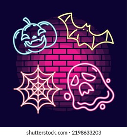 neon halloween ghost and bat in the wall