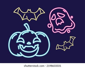 neon halloween ghost and bats with pumpkin
