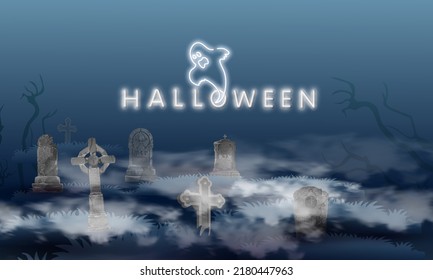 Neon Halloween inscription with a ghost, an old cemetery at night with silhouettes of dead souls, graves, fog, midnight in the dark. Scary Halloween scene. Cartoon vector horizontal illustration