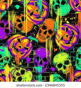 Neon halloween pattern with human skull, pumpkin heads, paint brush strokes, smudges, blots, paint spatter of fluorescent colors. Grunge silhouette of bridk wall behind.