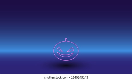 Neon halloween pumpkin symbol on a gradient blue background. The isolated symbol is located in the bottom center. Gradient blue with light blue skyline