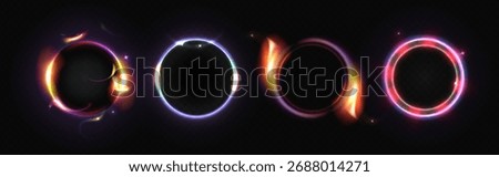 Neon halo circles set isolated on black background. Vector realistic illustration of glowing color light rings with with sparkle and flare effect, circular magic portal, game ui frame, space vortex