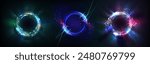 Neon halo effect light. Circle ring glow with blue flare. 3d round speed portal with magic energy. Radial hologram frame with beam and vortex for nightclub party. Visual electric shine sphere