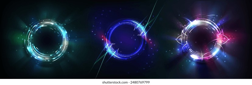 Luz con efecto halo de neón. Círculo anillo resplandor con destello azul. Portal de velocidad 3d con energía mágica. Marco de holograma radial con viga y vórtice para fiesta de discoteca. Esfera luminosa eléctrica visual