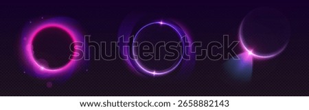 Neon halo light effects glowing purple and pink on dark bg - futuristic circular rings with bright sparkles and curved energy trail for sci fi interface, cyberpunk design or digital presentation.