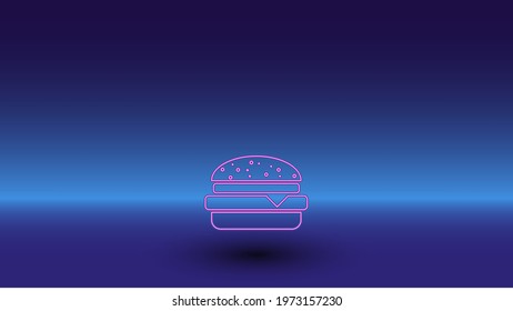 Neon hamburger symbol on a gradient blue background. The isolated symbol is located in the bottom center. Gradient blue with light blue skyline