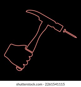 Neon hammer hits nail in hand claw holding Fixing and repairing working tools red color vector illustration image flat style