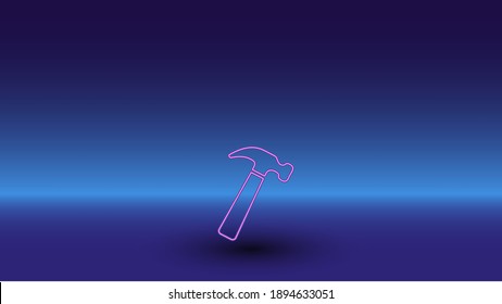 Neon hammer symbol on a gradient blue background. The isolated symbol is located in the bottom center. Gradient blue with light blue skyline