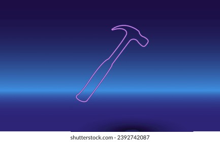 Símbolo de martillo de neón sobre un fondo azul gradiente. El símbolo aislado está situado en el centro inferior. Azul degradado con horizonte azul claro