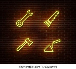Neon hammer, trowel, axe, hand saw  signs vector isolated on brick wall. Neon work tools light symbol. Vector illustration.