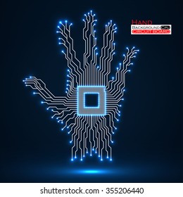 Neon hand. Cpu. Circuit board. Vector illustration. Eps 10