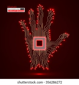 Neon hand. Cpu. Circuit board. Vector illustration. Eps 10