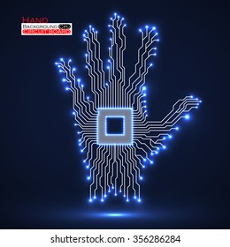 Neon hand. Cpu. Circuit board. Vector illustration. Eps 10