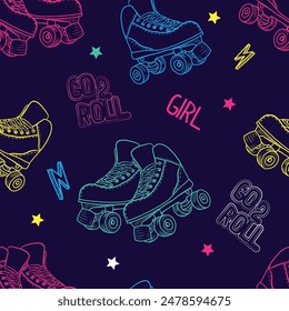  Neon Hand drawn cute girls pattern with Bright rollers . for clothes, banner, girls, women, child. 