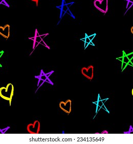 Neon hand drawn hearts and stars on black background. Seamless pattern. Vector