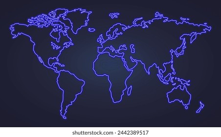 Neon hand drawn outline of a world map. Neon continents drawing