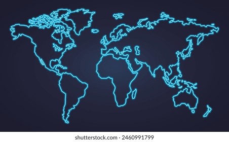 Neon hand drawn outline of a world map. Neon continents drawing