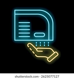 Neon hand dryer blowing air on an open hand, a bright sign for restrooms and public spaces