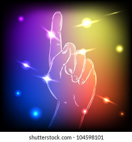Neon hand, finger pointing up, mesh vector illustration eps10